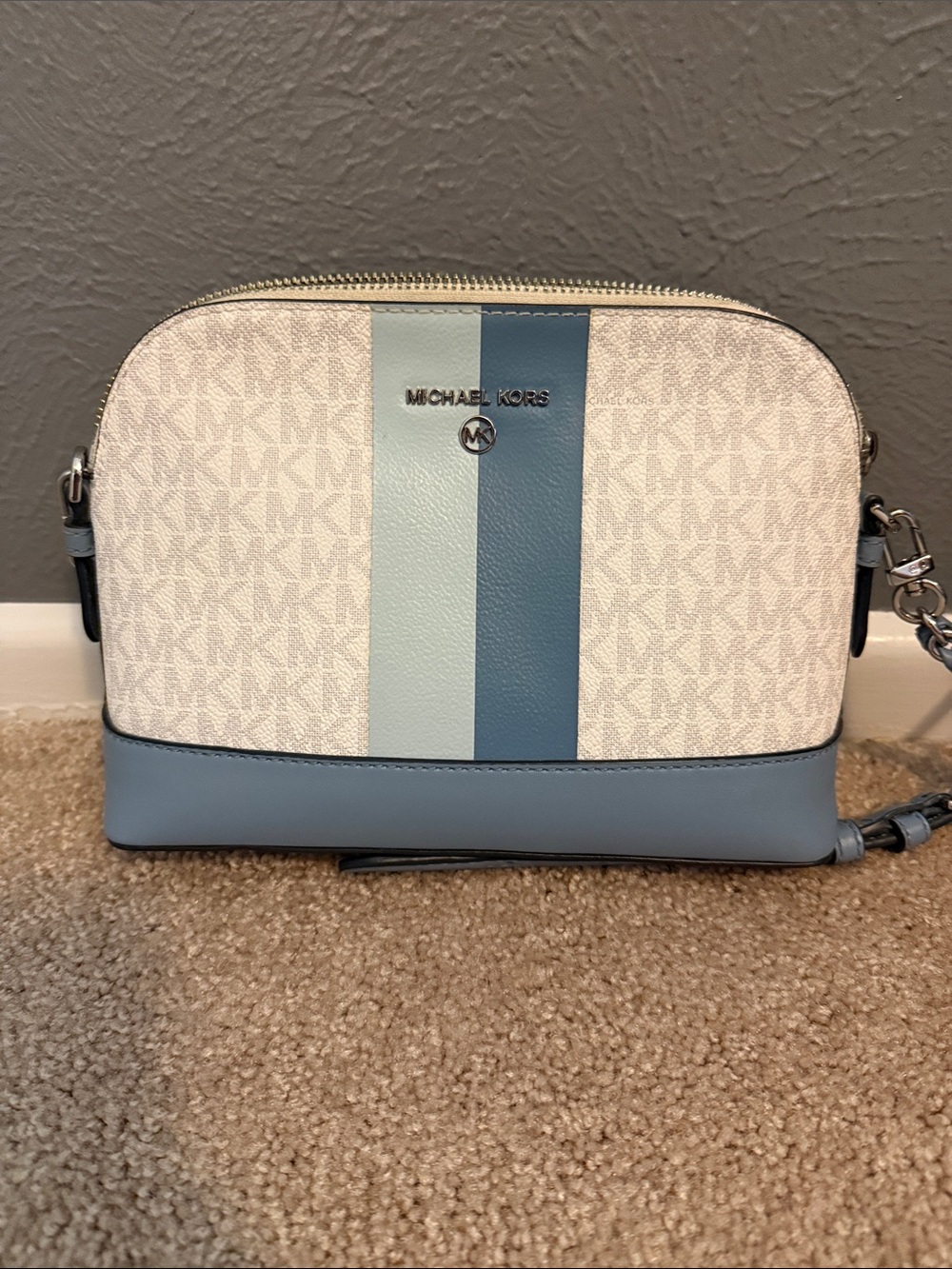 Michael Kors White and Blue Stripe Dome Crossbody
